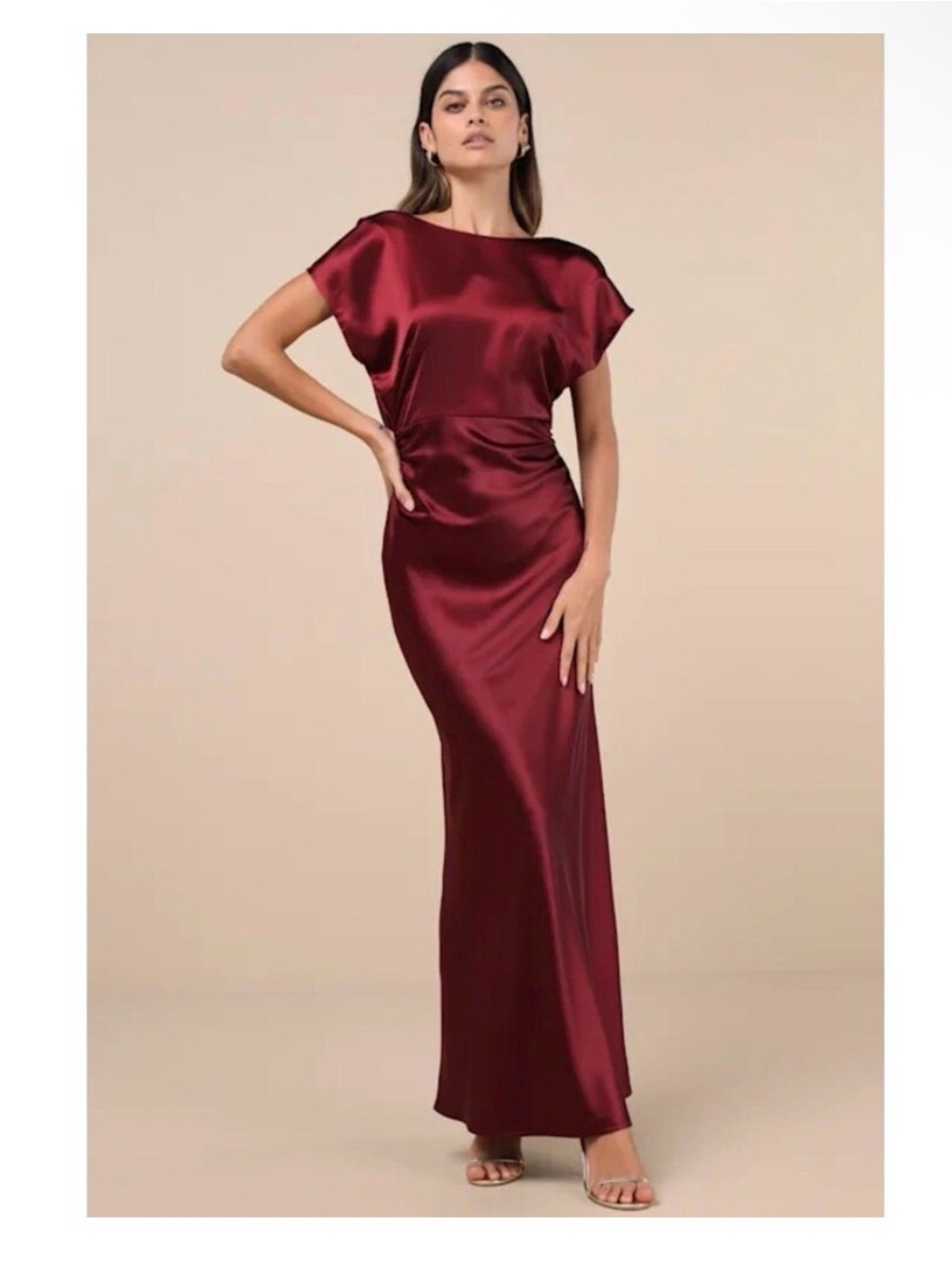 Lulus Captivating Presence Wine Satin Cowl Back Maxi Dress NWT